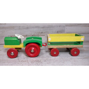 Vintage Heroes West Germany Wooden Wood Farm Tractor with Trailer Wagon